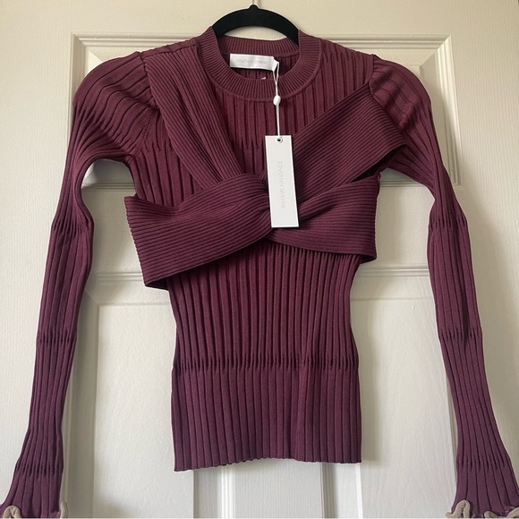 NEW JONATHAN SIMKHAI Nolan Top Twist Bow Long Sleeve Wine Merlot Size S - Picture 4 of 15